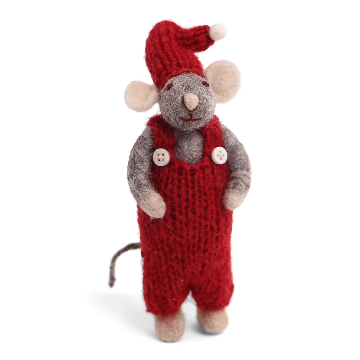 Christmas Figurine - Winter Mouse Boy (Small) With Red Overalls (Grey)